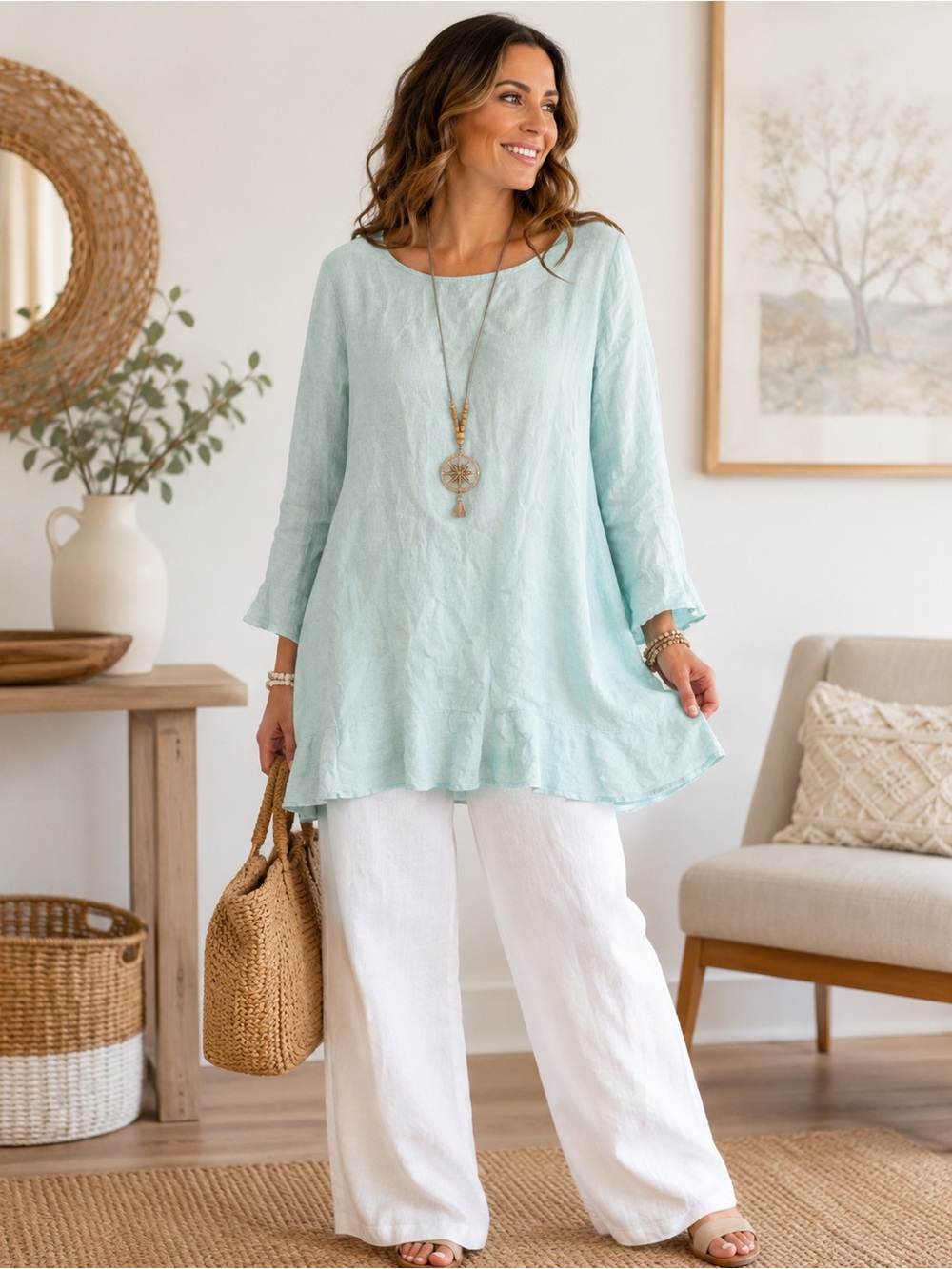 Match Point Aqua Linen Ruffle Hem Lagenlook Tunic Top Boho Euro Summer Resort
